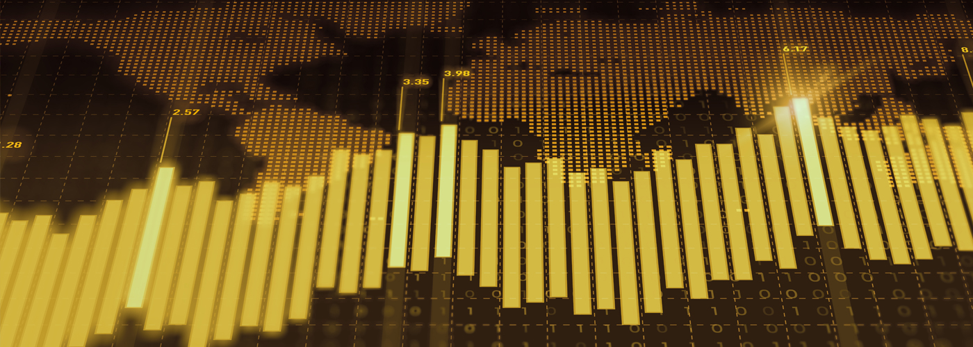 Gold bar graphs over a flat map of the world