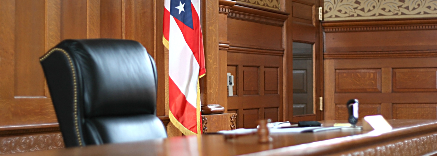 View of a judge's desk in a court room